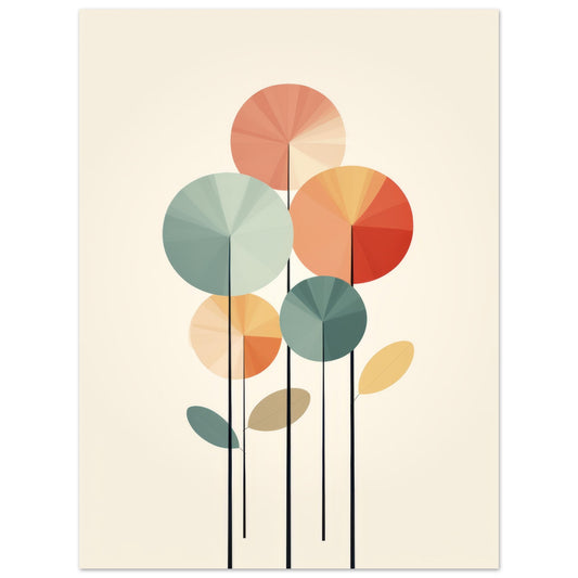 A minimalist art print titled "Flowers" presenting abstracted floral elements in gentle hues of orange, green, and blue. The circular petals overlap and float atop slender stems, creating a harmonious and contemporary representation of nature's elegance. A serene addition for lovers of modern art and the beauty of the natural world.