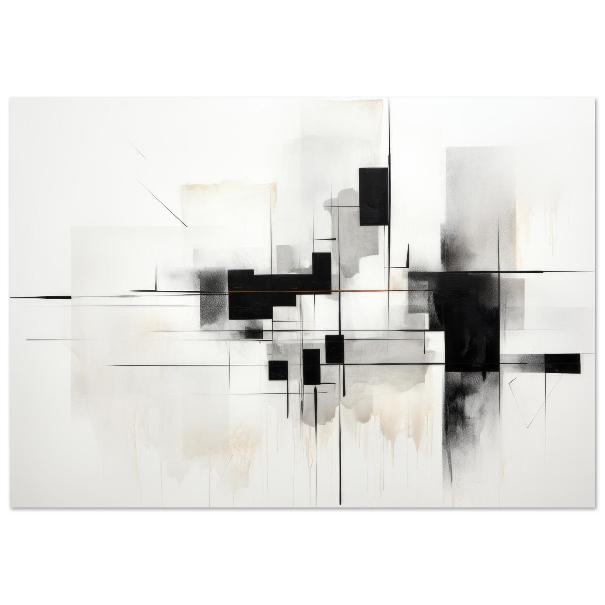 Black and white art print titled "Black Mirror" showcasing geometric shapes, intersecting lines, and a dripping effect at the bottom.