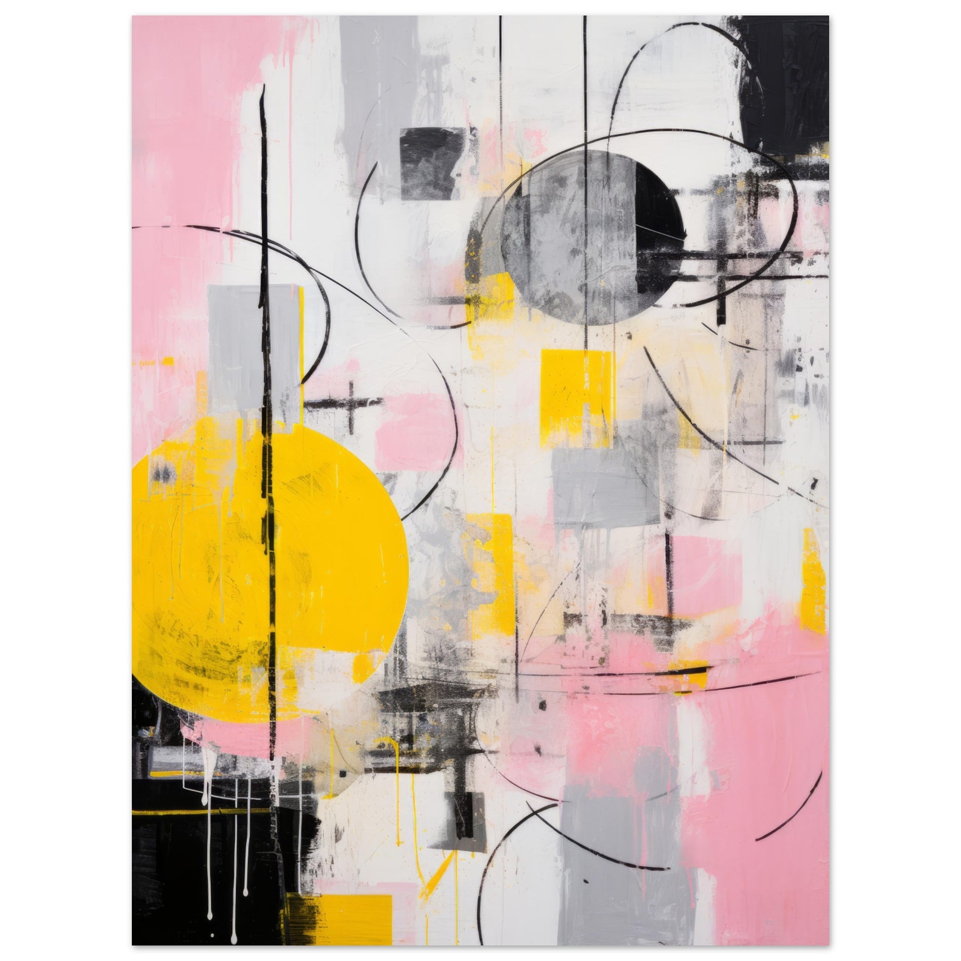 A modern abstract wall art titled "Multitudes" with a blend of vibrant yellow, soft pink, and muted gray shades. The artwork showcases geometrical and free-form elements, representing the diverse emotions and experiences of life.