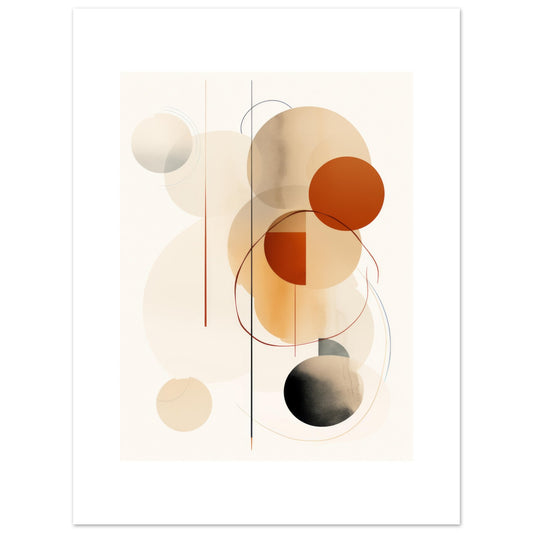 A captivating modern art print titled "Stand Still" showcasing geometric shapes, predominantly circles, in neutral, orange, and black hues. An embodiment of harmony and balance, this piece is a sublime addition to contemporary wall decor collections.