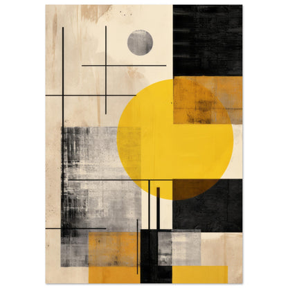 An elegant modern art print titled "Fields" showcasing geometric patterns in beige, black, and golden yellow, representing a blend of natural and structured landscapes. A sublime choice for contemporary wall decor aficionados.