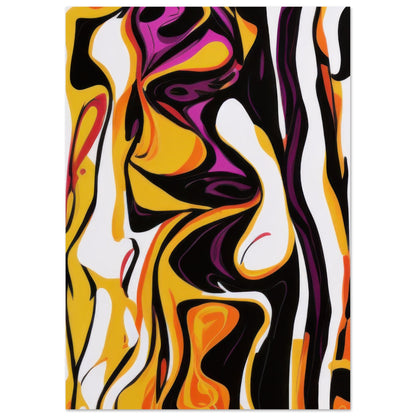 Modern abstract wall art titled "Blac n' Yellink," featuring a dynamic interplay of swirling yellows, purples, and blacks, evoking a sense of movement and fluidity as strings and lines dance across the canvas.