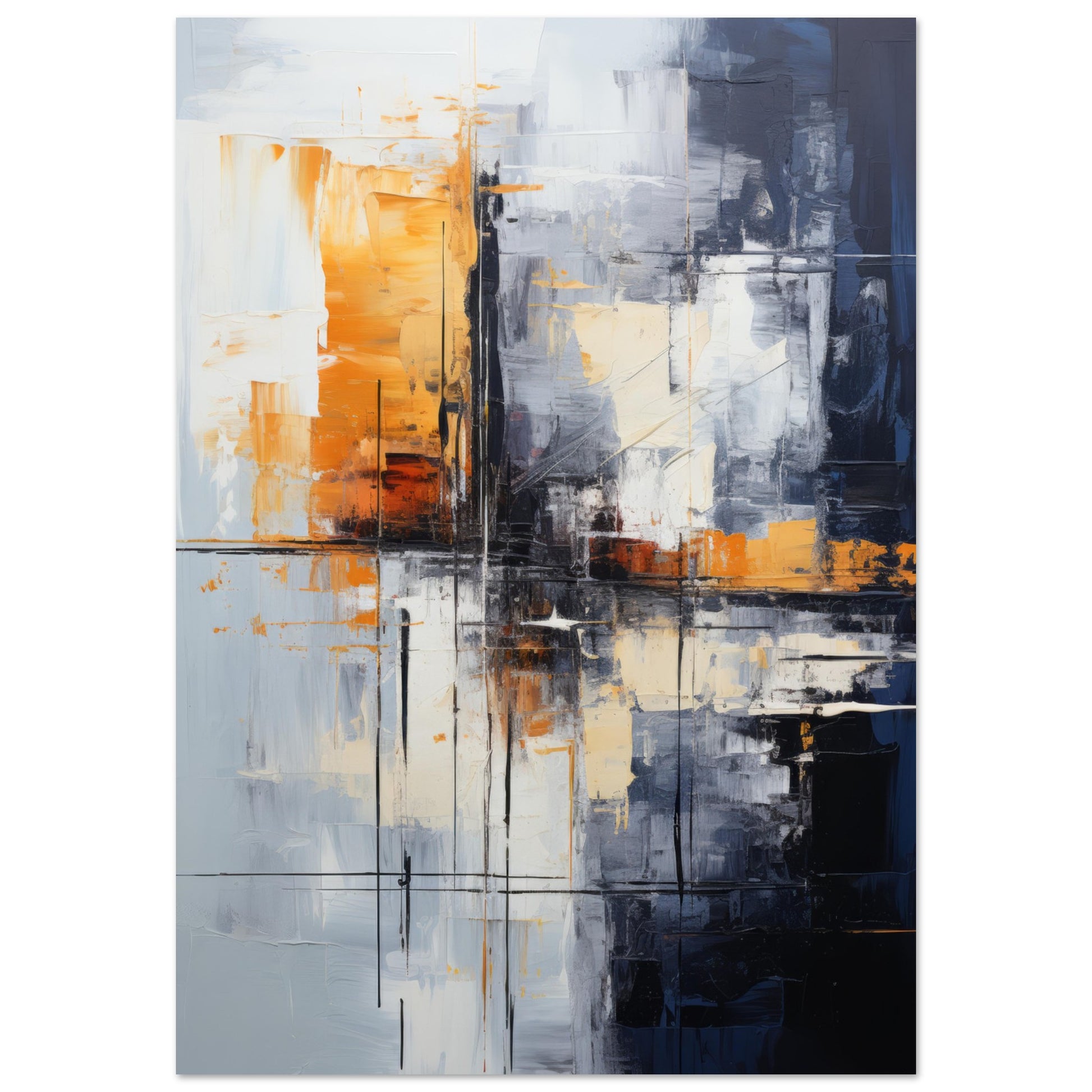 An abstract modern art print titled "Shot Shot" in black and white with striking orange accents, symbolizing moments of passion and clarity in a monochrome world. Ideal for contemporary wall decor.