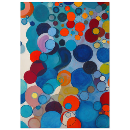 An enthralling modern art print titled "Sparkling" featuring a medley of blue circles of varying shades, punctuated by striking orange accents. An abstract representation of unity and diversity, perfectly suited for contemporary wall decor.