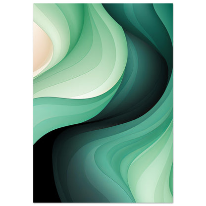 A modern art print titled "Shades of Green" showcasing graceful waves of various green hues transitioning from light to dark, creating a sense of depth and movement, ideal for contemporary wall decor.