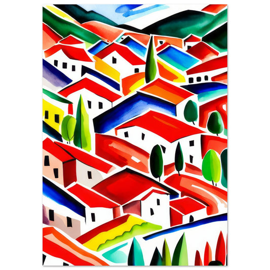 Vibrant watercolor painting titled "Toskana" showcasing a colorful and abstract rendition of Tuscany's landscape with cascading rooftops, lush vegetation, and a bright sky. A framed masterpiece ideal for modern wall decor.