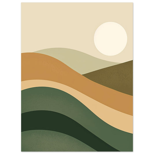 Minimalist wall art titled "Auf der Weide" featuring layered earthy-toned landscapes with a luminous white orb in the top corner, symbolizing the sun or moon. The piece evokes a sense of peace and tranquility.