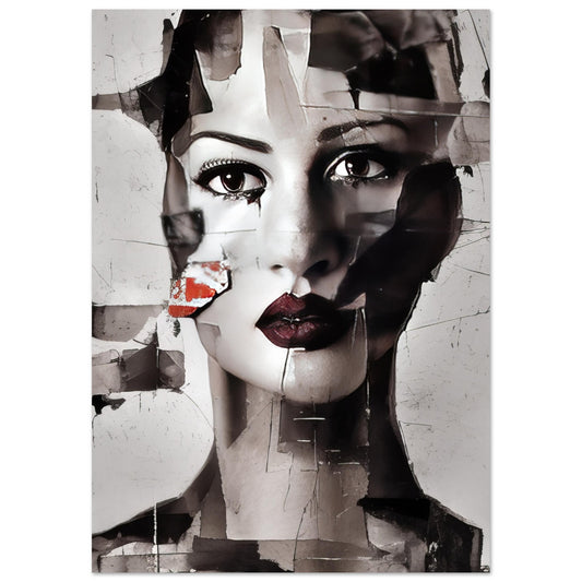 A captivating modern art print titled "Put Together" featuring an abstract collage of a woman's face. Monochrome fragments assemble to form a striking visage with intense eyes and bold crimson lips. The textured layers and interplay of patterns convey a sense of depth, emotion, and contemporary sophistication.