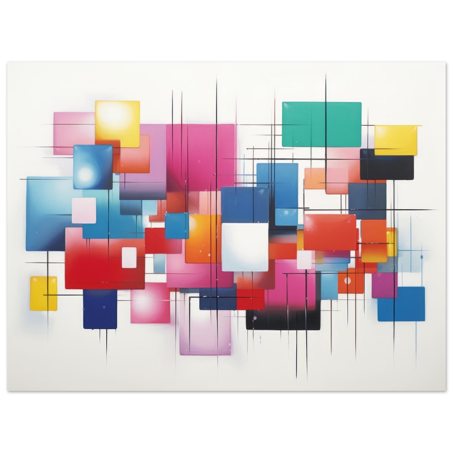 Colorful art print titled "String Dimension" featuring interconnected squares and rectangles in varying hues with a dripping effect at the bottom.
