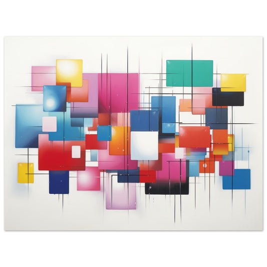 Colorful art print titled "String Dimension" featuring interconnected squares and rectangles in varying hues with a dripping effect at the bottom.