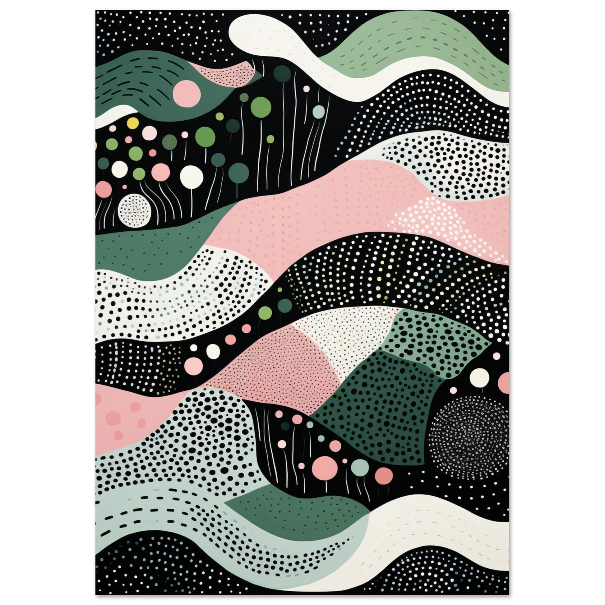 A contemporary art print titled "Layers," showcasing a mesmerizing blend of pink, green, and black tones, punctuated with dots, forming abstract patterns that intertwine and overlap, evoking the beauty and depth of layered landscapes.