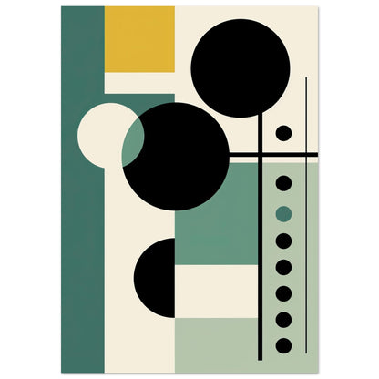 A modern art print titled "Green and Black" featuring an abstract arrangement of black and off-white circles set against a green background. The design includes a golden yellow rectangle and a vertical line of black dots, creating a harmonious blend of shapes and contrasts. Ideal for contemporary wall decor.