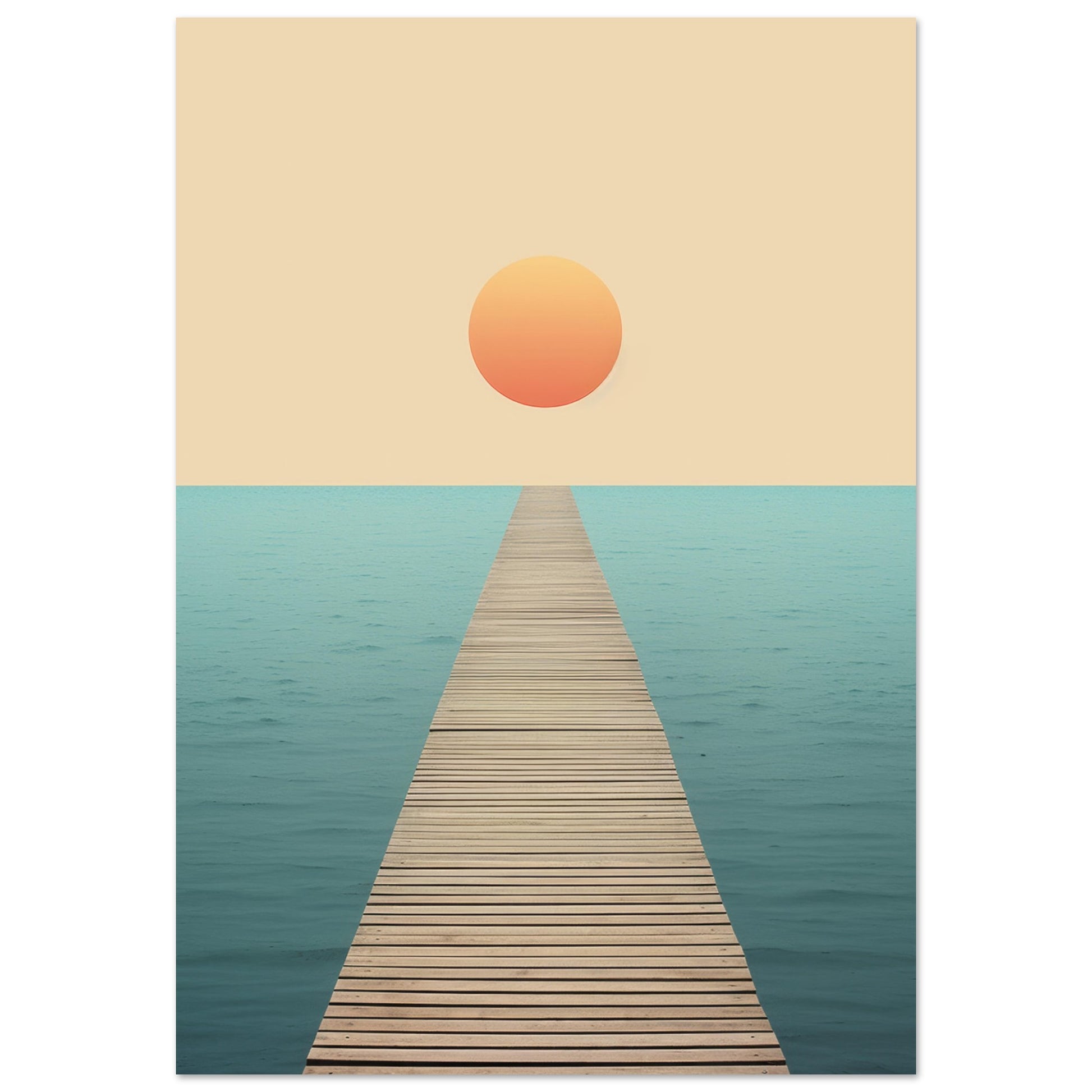 A minimalist art print titled "Follow the Lead" depicting a wooden footbridge extending towards a radiant sun on the horizon, set against a backdrop of serene turquoise waters. This evocative piece captures the essence of life's journey, hope, and the beauty of the unknown. A perfect choice for those seeking solace and inspiration in art.