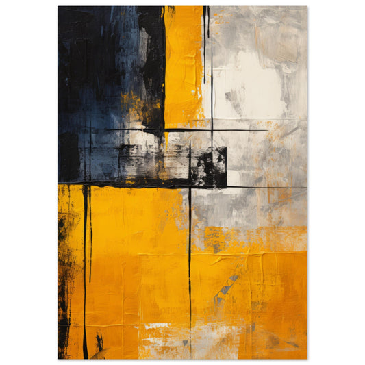Abstract painting titled "Yellow Distinction" featuring bold yellow and deep black brush strokes, drips, and textures. A modern art print that embodies contemporary design and brings warmth and depth to wall decor. Perfect for those seeking a touch of abstract elegance.
