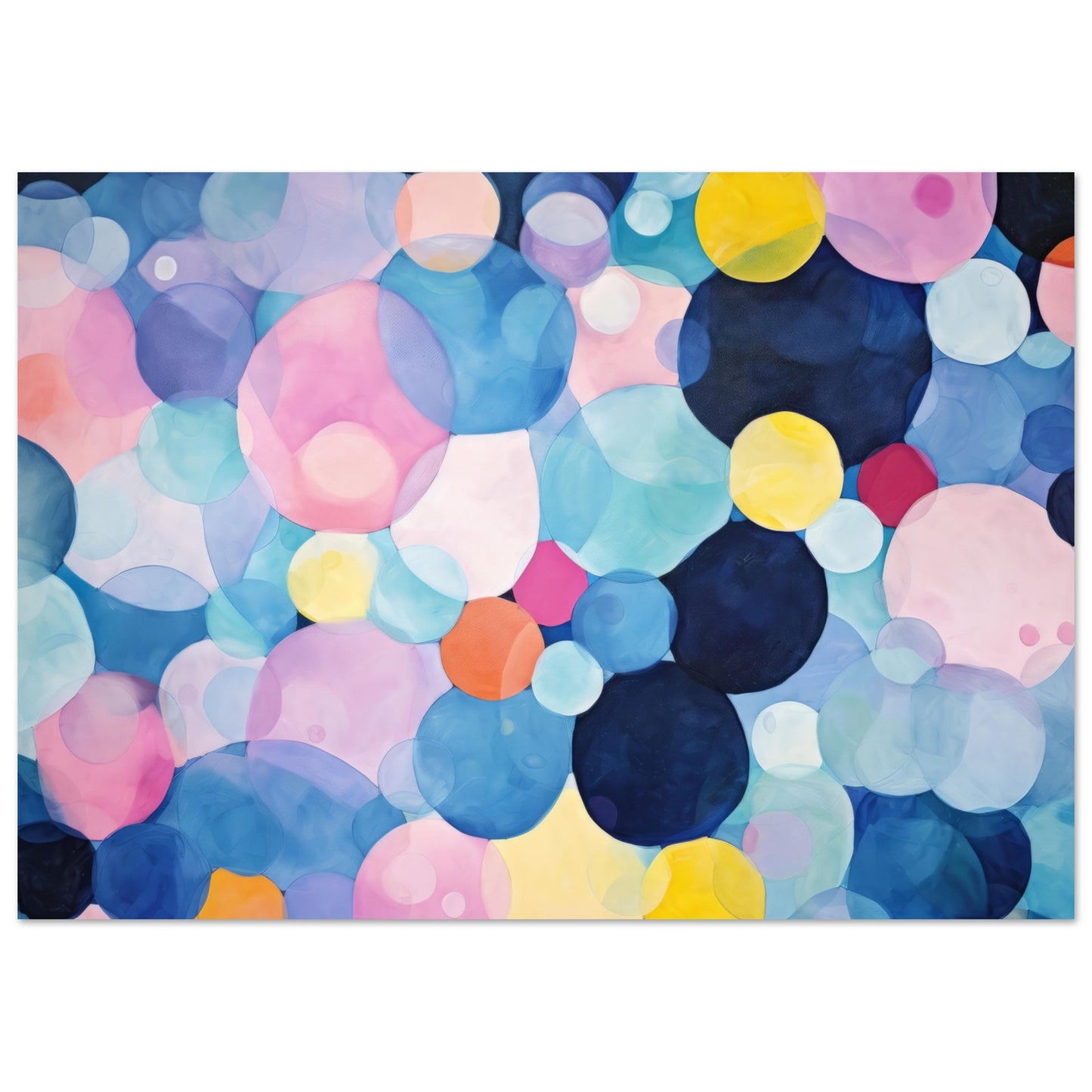 Abstract wall art titled "Blue Molecules," showcasing a myriad of overlapping translucent orbs in varying shades of blue, pink, yellow, and other colors, creating a serene and harmonious visual experience.
