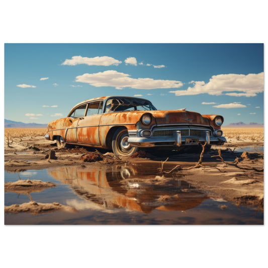 A photo-realistic wall art titled "Rust," depicting an abandoned car with rusted exteriors, situated in a vast desert landscape with puddles reflecting its image and distant mountains under a clear blue sky, evoking feelings of nostalgia and time's passage.