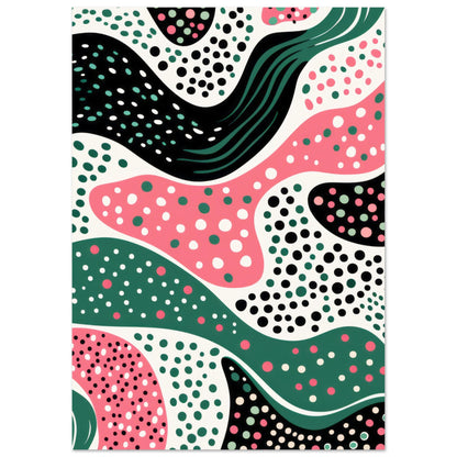 Minimalist abstract art "Dotpath" featuring layered waves of green, pink, and black adorned with varying dots. Perfect for contemporary wall decor.