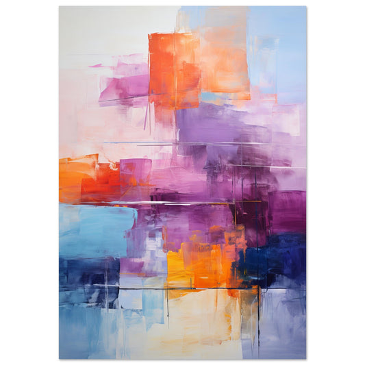 An abstract modern art print titled "In Between," showcasing a vivid interplay of layered colors, ranging from deep purples and blues to luminous oranges and pastels, in dynamic blocks and brush strokes, creating a sense of depth and movement.