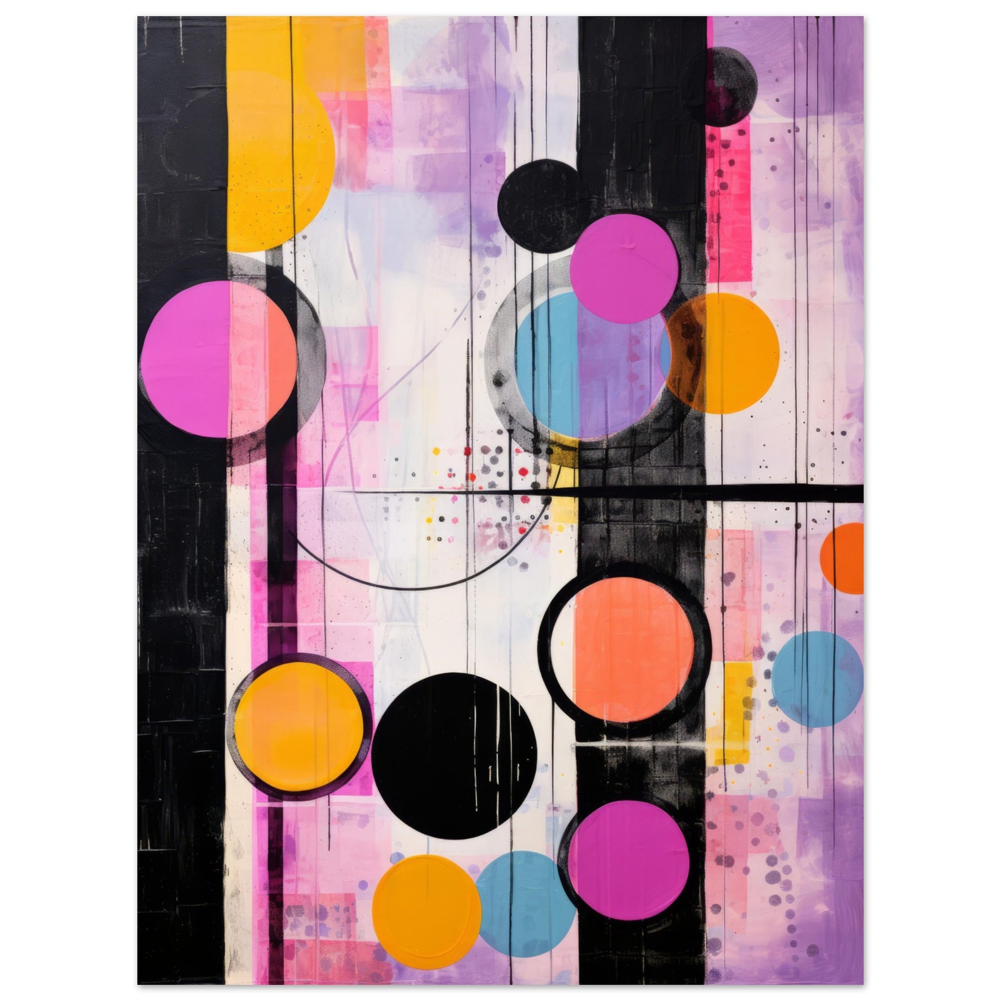Vibrant abstract wall art titled "Back Then," featuring a plethora of circles in hot pink, blue, black, and orange hues, set against a textured backdrop with vertical lines, capturing the interplay of nostalgia and the present in a contemporary design.